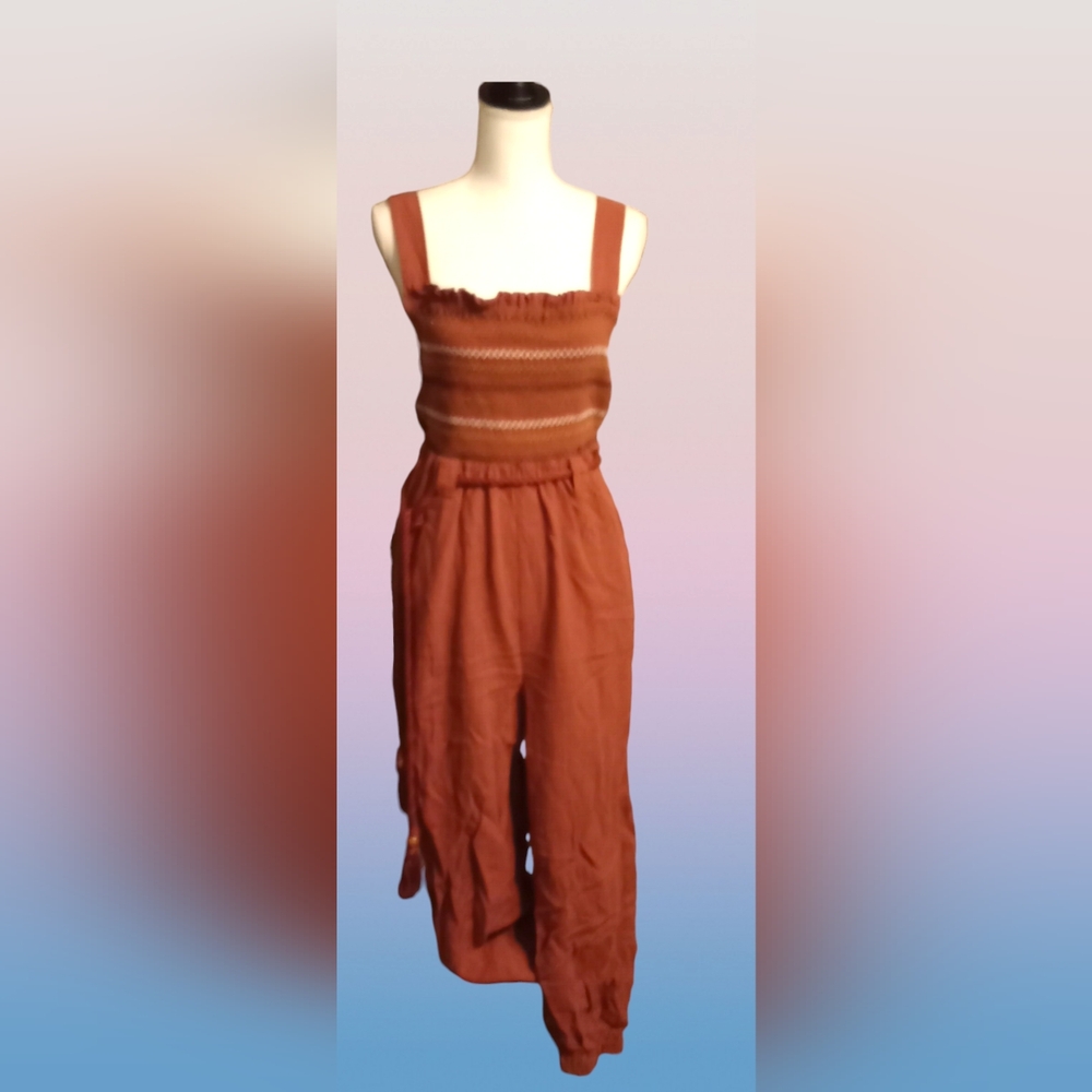 Jumpsuit Linen Sleeveless Smocked Dark Orange FREE PEOPLE SIENNE